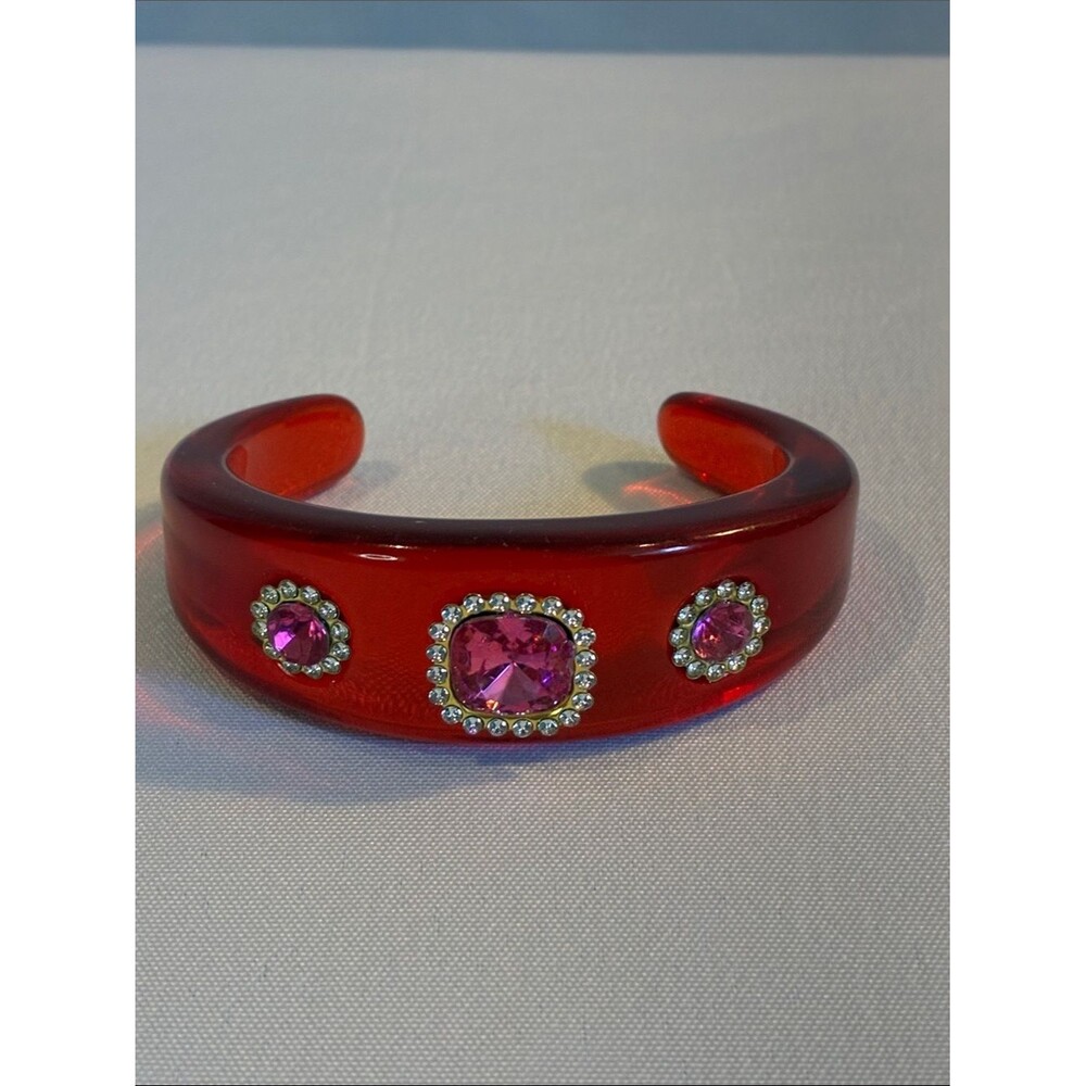 Red acrylic bold chunky summer cocktail cuff bracelet with hot pink center stone